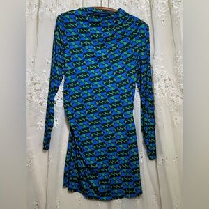 Zara Blue & Green Geometric Long-Sleeve Dress